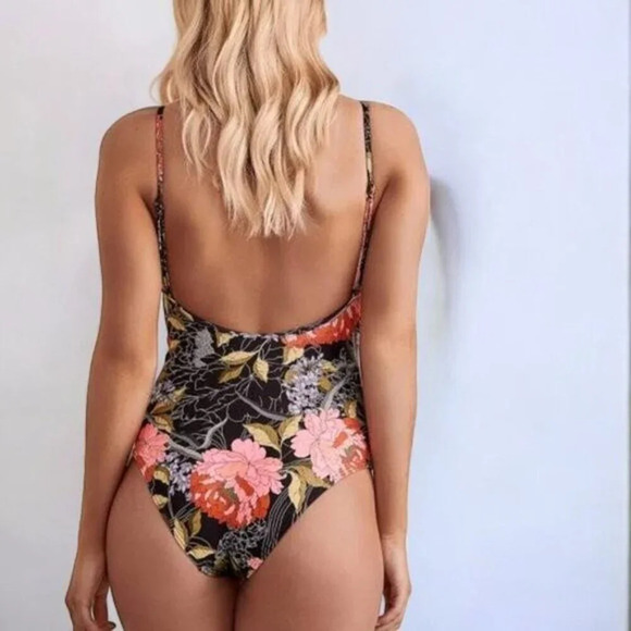 Eidon Black One Piece Swimsuit‎ with Peony Pattern - Size Small - Picture 2 of 7